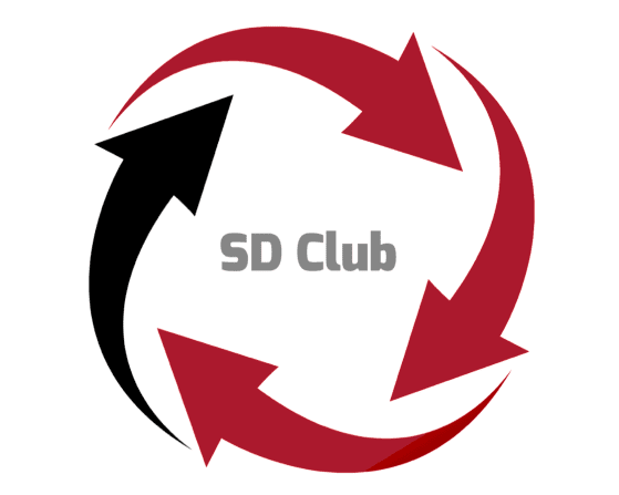 Three red arrows and a black arrow form a loop around the text "SD Club"