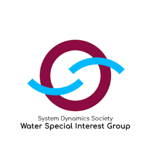 SDS Water SIG logo. A crimson circle with two light blue curves intersecting it to represent water